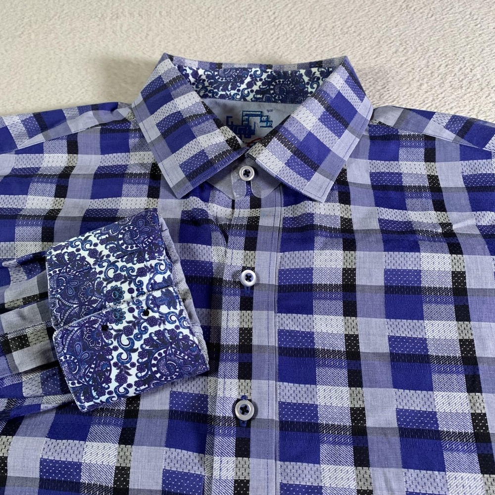 Robert Graham Shirt Mens Large Blue Plaid Paisley Trim Long Sleeve Cotton